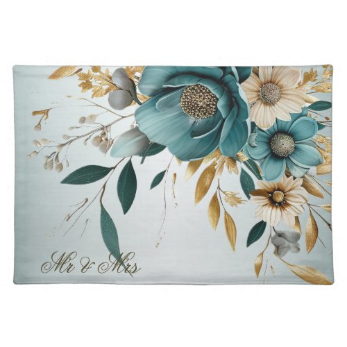 Turquoise White Flower Golden Leaves Elegant Cloth Placemat