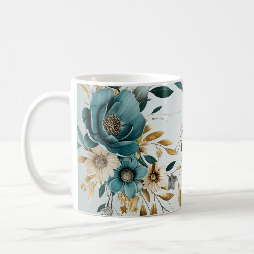 Turquoise White Flower Golden Leaves Elegant Coffee Mug