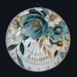 Turquoise White Flower Golden Leaves Elegant Dart Board<br><div class="desc">Turquoise White Flower Golden Leaves Elegant Dart Board. Unique,  beautiful,  stylish design. Easy to be personalized. Font style,  size and colors can be changed. Matching items are available.</div>