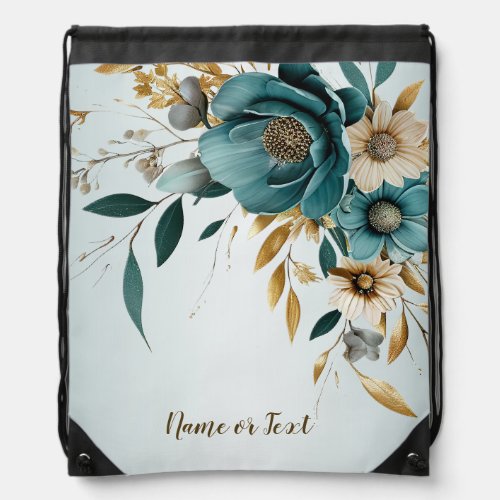 Turquoise White Flower Golden Leaves Elegant Drawstring Bag