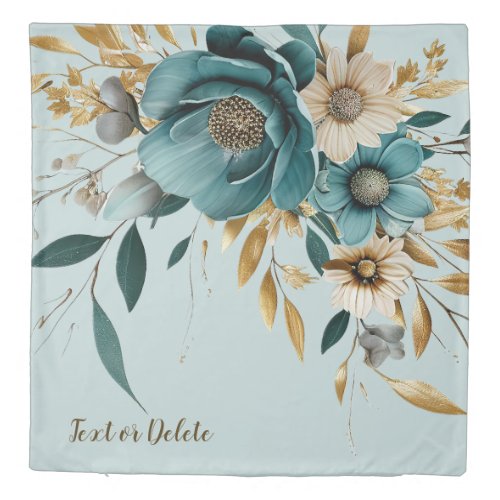 Turquoise White Flower Golden Leaves Elegant Duvet Cover