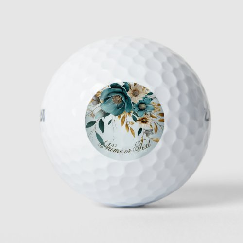 Turquoise White Flower Golden Leaves Elegant Golf Balls