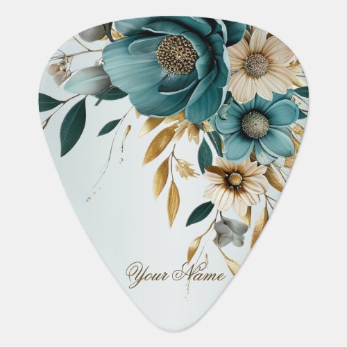 Turquoise White Flower Golden Leaves Elegant Guitar Pick