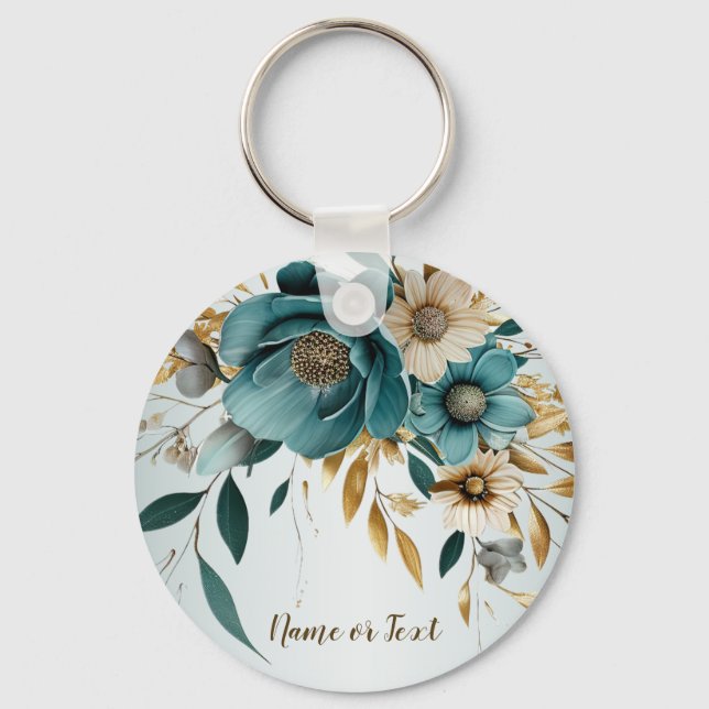 Turquoise White Flower Golden Leaves Elegant Keychain (Front)