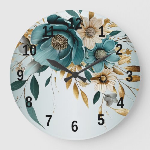 Turquoise White Flower Golden Leaves Elegant Large Clock