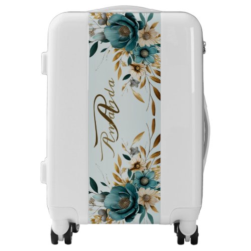 Turquoise White Flower Golden Leaves Elegant Luggage