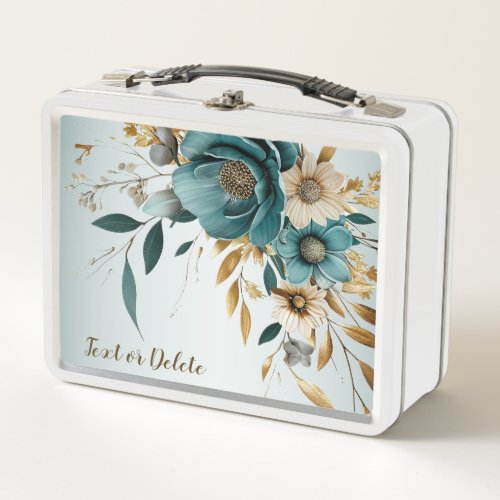 Turquoise White Flower Golden Leaves Elegant Metal Lunch Box