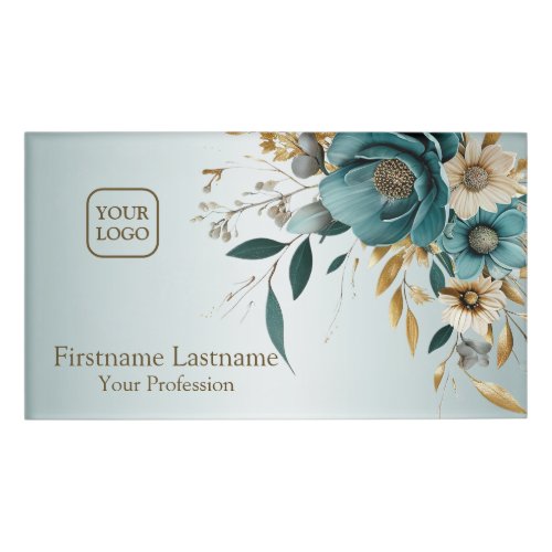 Turquoise White Flower Golden Leaves Elegant Name Tag