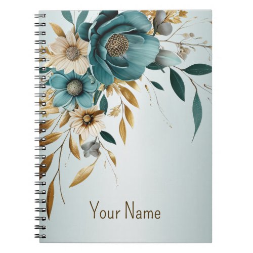 Turquoise White Flower Golden Leaves Elegant Notebook