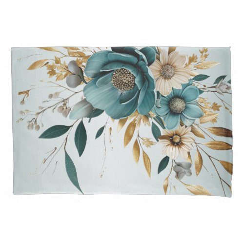Turquoise White Flower Golden Leaves Elegant Pillow Case
