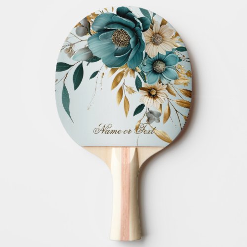 Turquoise White Flower Golden Leaves Elegant Ping Pong Paddle