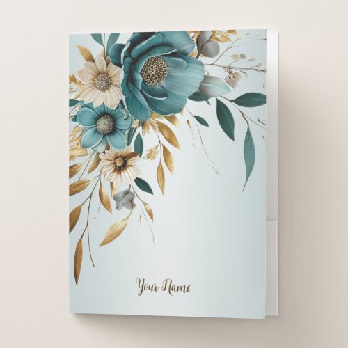 Turquoise White Flower Golden Leaves Elegant Pocket Folder