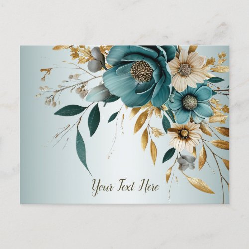Turquoise White Flower Golden Leaves Elegant Postcard