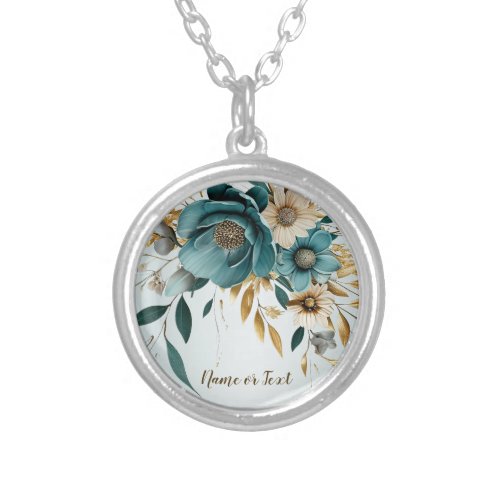 Turquoise White Flower Golden Leaves Elegant Silver Plated Necklace