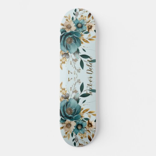 Turquoise White Flower Golden Leaves Elegant Skateboard