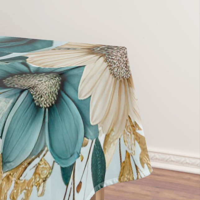 Turquoise White Flower Golden Leaves Elegant Tablecloth (In Situ)