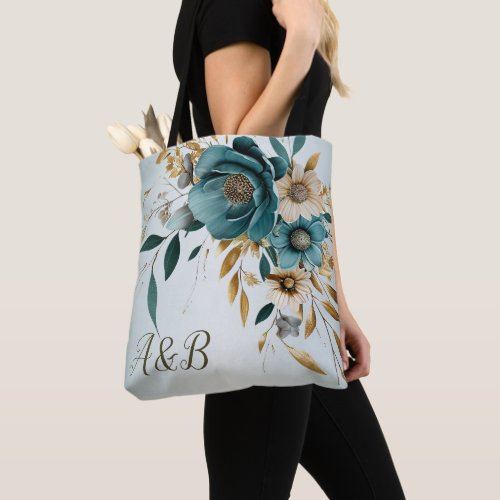 Turquoise White Flower Golden Leaves Elegant Tote Bag