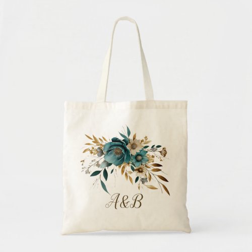Turquoise White Flower Golden Leaves Elegant Tote Bag