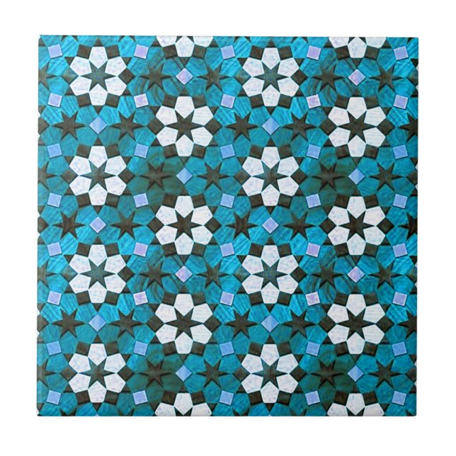 Turquoise & White Flower Pattern Ceramic Tile (Front)