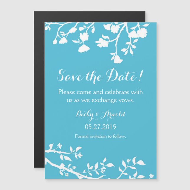 Turquoise White Flower Save The Date Magnet (Front/Back)