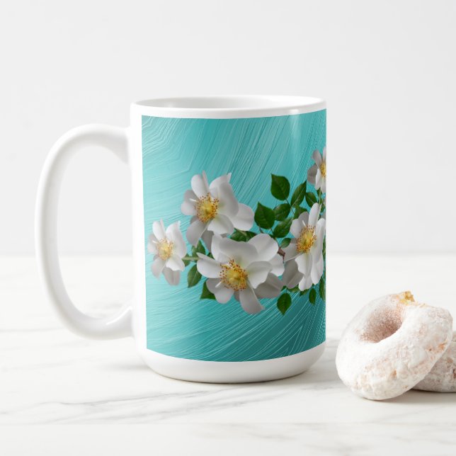 Turquoise White Flower Tea Mug (With Donut)