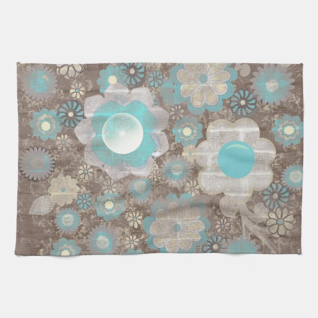 Turquoise-White Flowers American MoJo Kitchen Kitchen Towel (Horizontal)