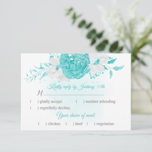 turquoise white flowers botanical with meal choice RSVP card