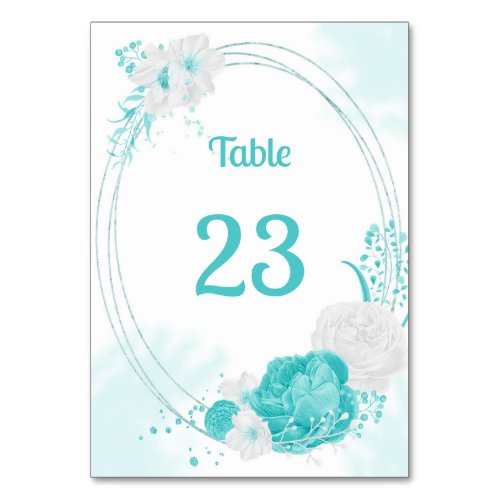 turquoise white flowers botanical wreath table number