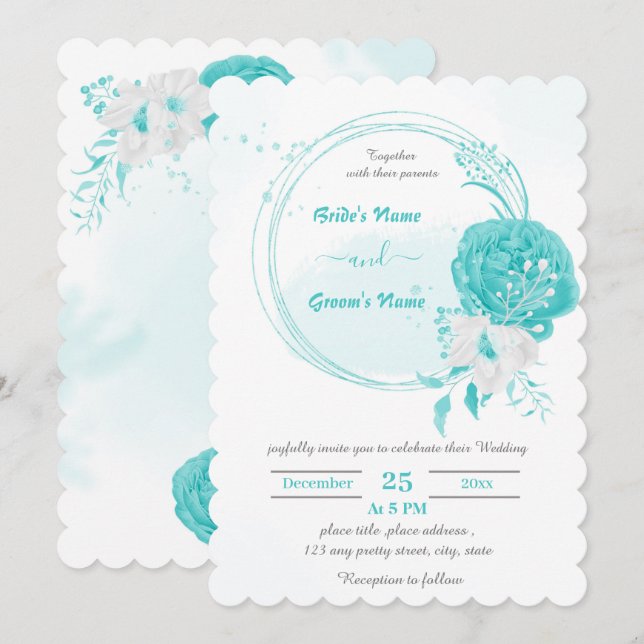 turquoise & white flowers botanical wreath wedding invitation (Front/Back)