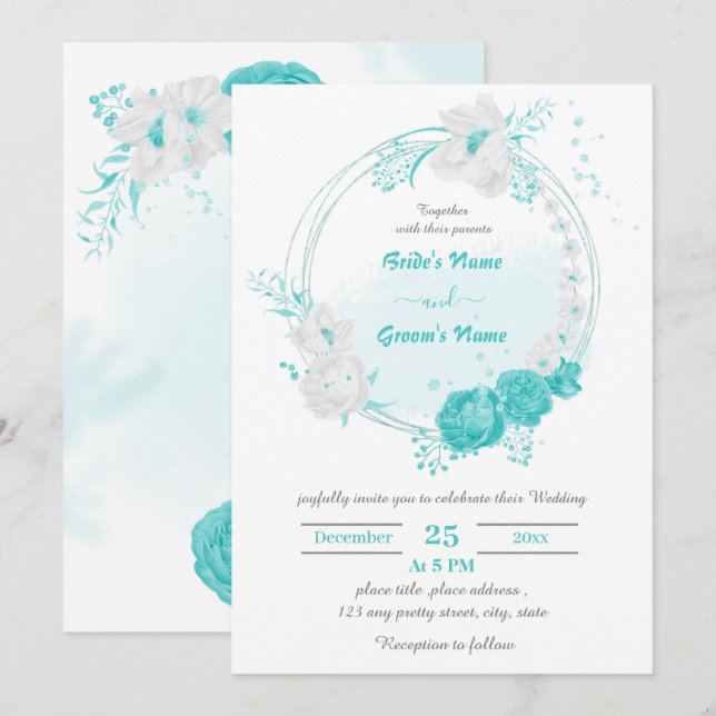 turquoise & white flowers botanical wreath wedding invitation (Front/Back)