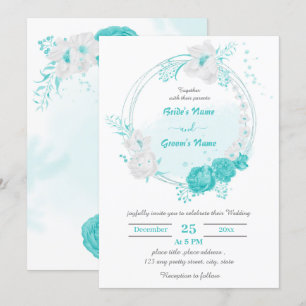 turquoise & white flowers botanical wreath wedding invitation