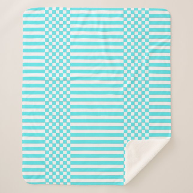 Turquoise & White Geometric Checkers & Stripes Sherpa Blanket (Front)