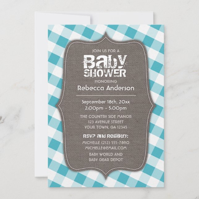 Turquoise & White Gingham Canvas Baby Shower Invitation (Front)