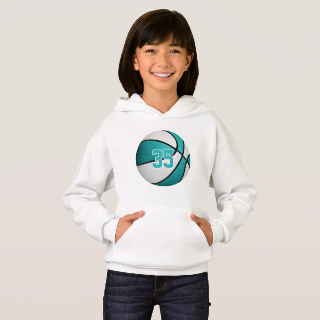 turquoise white girls jersey number basketball  hoodie (Front Full)