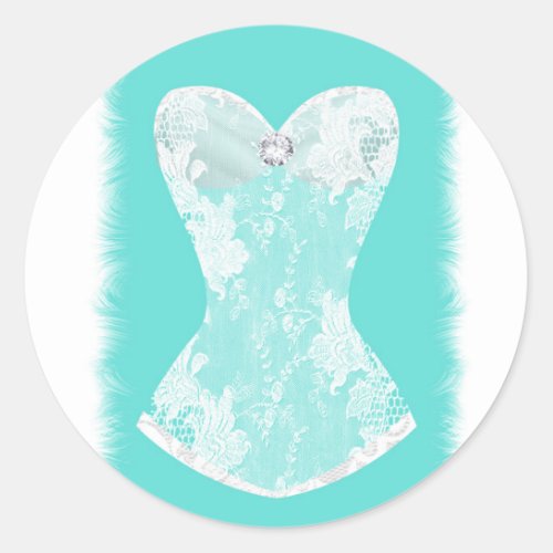 Turquoise  White Glam Lingerie Shower Party Favor Classic Round Sticker