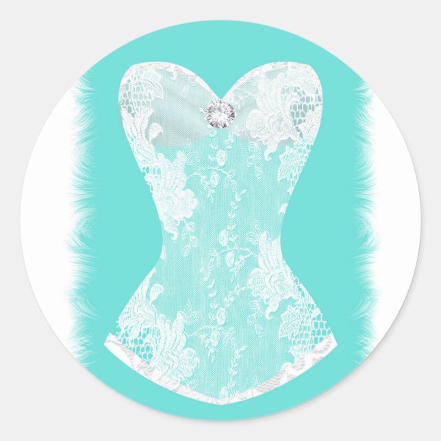 Turquoise & White Glam Lingerie Shower Party Favor Classic Round Sticker (Front)