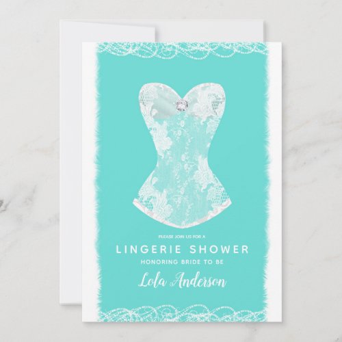 Turquoise  White Glam Lingerie Shower Party Invitation