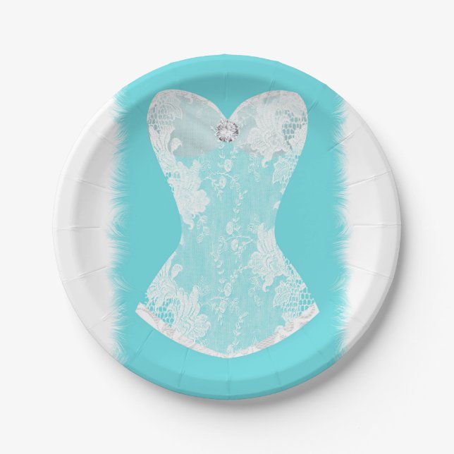 Turquoise & White Glam Lingerie Shower Party Paper Plates (Front)
