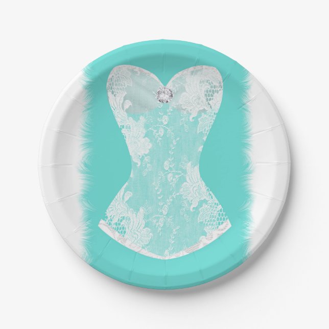 Turquoise & White Glam Lingerie Shower Party Paper Plates (Front)