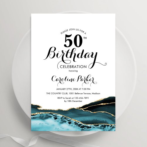 Turquoise White Gold Agate 50th Birthday Invitation