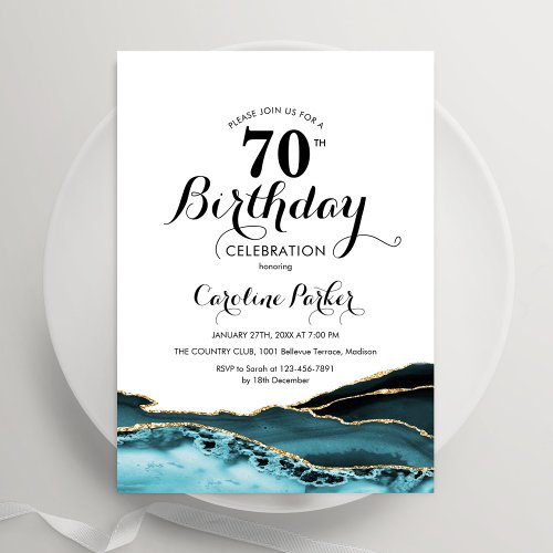 Turquoise White Gold Agate 70th Birthday Invitation