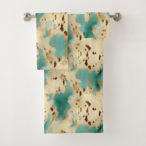 Turquoise White Gold Cowhide Bath Towel Set