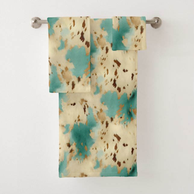 Turquoise White Gold Cowhide Bath Towel Set (Insitu)