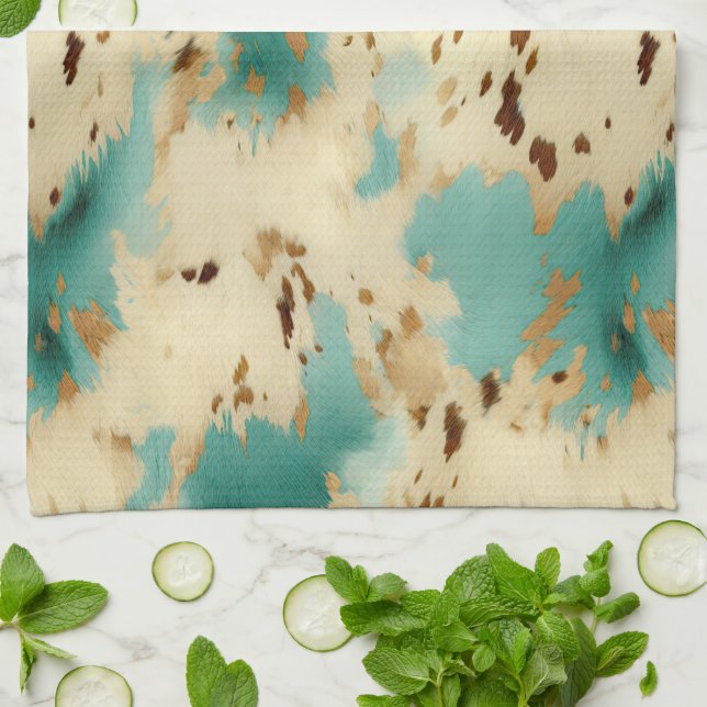 Turquoise White Gold Cowhide Kitchen Towel (Folded)