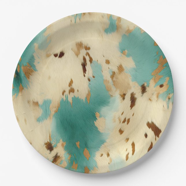 Turquoise White Gold Cowhide Paper Plates (Front)