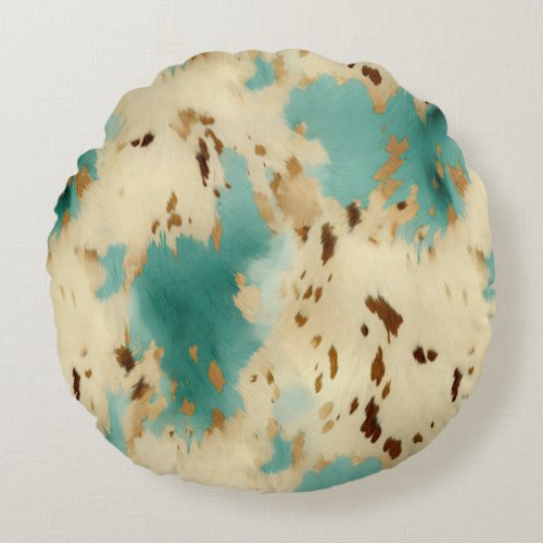 Turquoise White Gold Cowhide Round Pillow