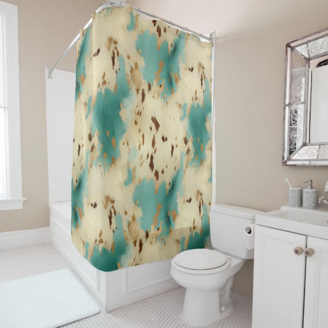 Turquoise White Gold Cowhide Shower Curtain (In Situ)