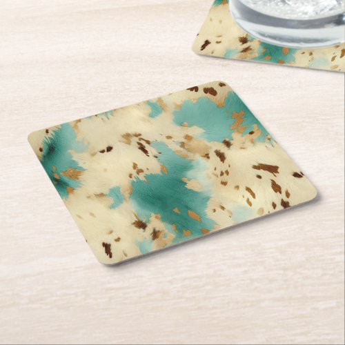 Turquoise White Gold Cowhide Square Paper Coaster