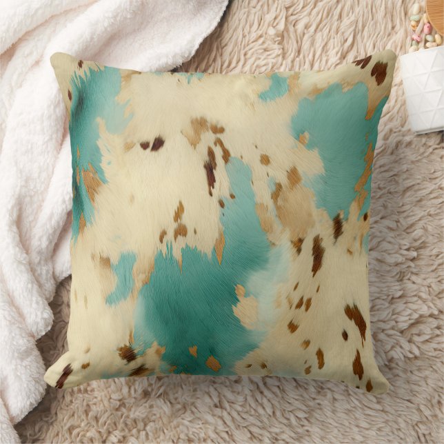 Turquoise White Gold Cowhide Throw Pillow (Blanket)