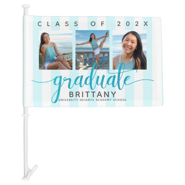 Turquoise white graduation 3 photo script modern car flag (Front)
